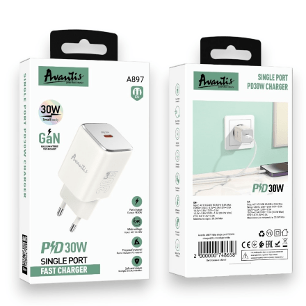Мережевий Зарядний Пристрій Avantis A897 GaN 1USB PD30W