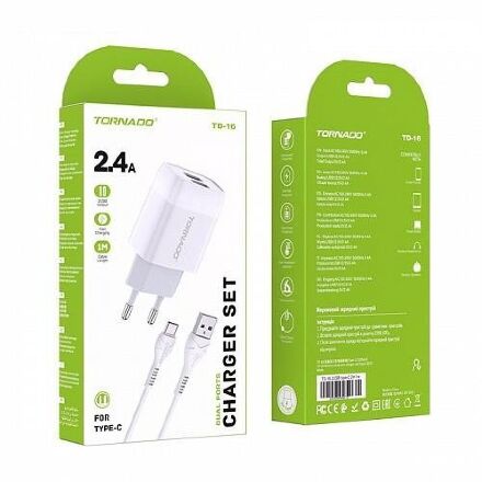 Сетевое Зарядное Устройство 2in1 TORNADO TD-16 (2USB 2.4A) Type-C