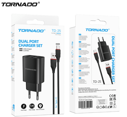 Сетевое Зарядное Устройство 2in1 TORNADO TD-25 (2USB Super Fast Dual Charge) Type-C